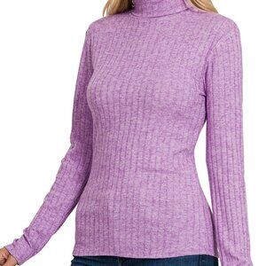 ZENANA Ribbed long sleeve turtle neck top Purple Ribbed Large